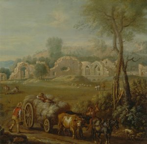 Carro de heno pasando por una abadía en ruinas de John Wootton